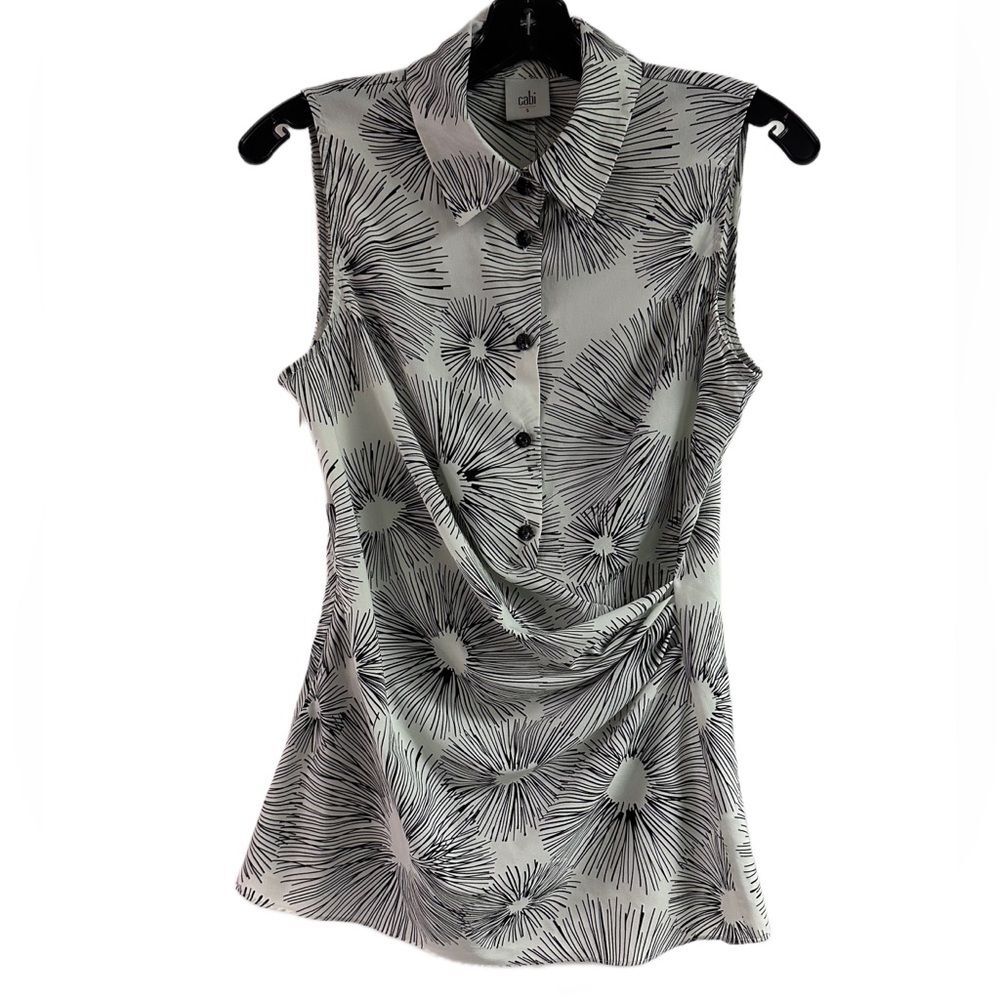 Cabi White & Black Print Draped Style Top Size S